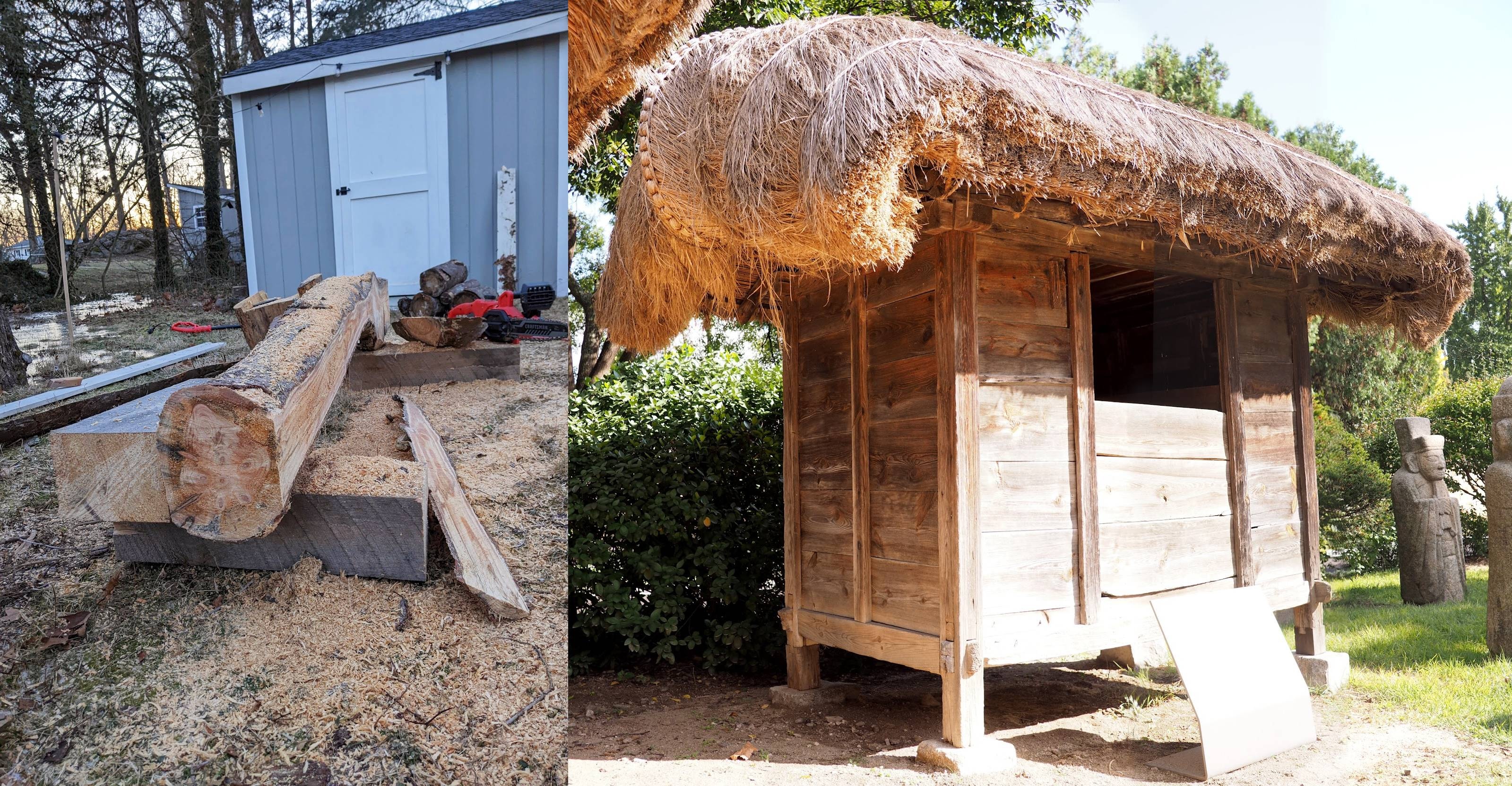 A chainsaw by a large curved log with one side cut flat. A very old rice storage shed with a thatched roof, constructed with hanok principles.
