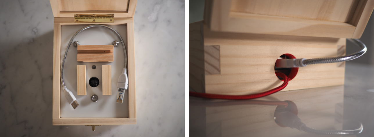 Side by side images of details of the box microscope, showing cords entering a red-lined circular hole and the gooseneck light and assorted wooden fixtures fit inside, ready for the lid to close.