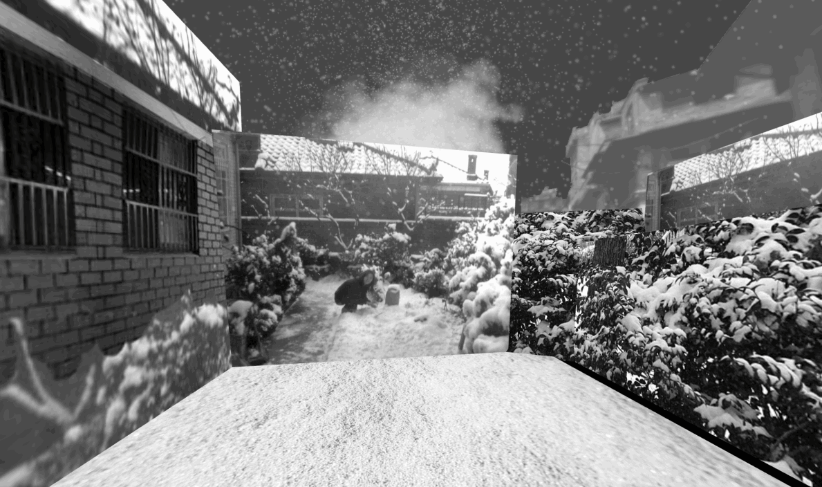 a video of a blurry black and white photo of my mom playing in the snow in Seoul, steam rising from a chimney in the distance and fluffy snow falling slowly from a dark sky