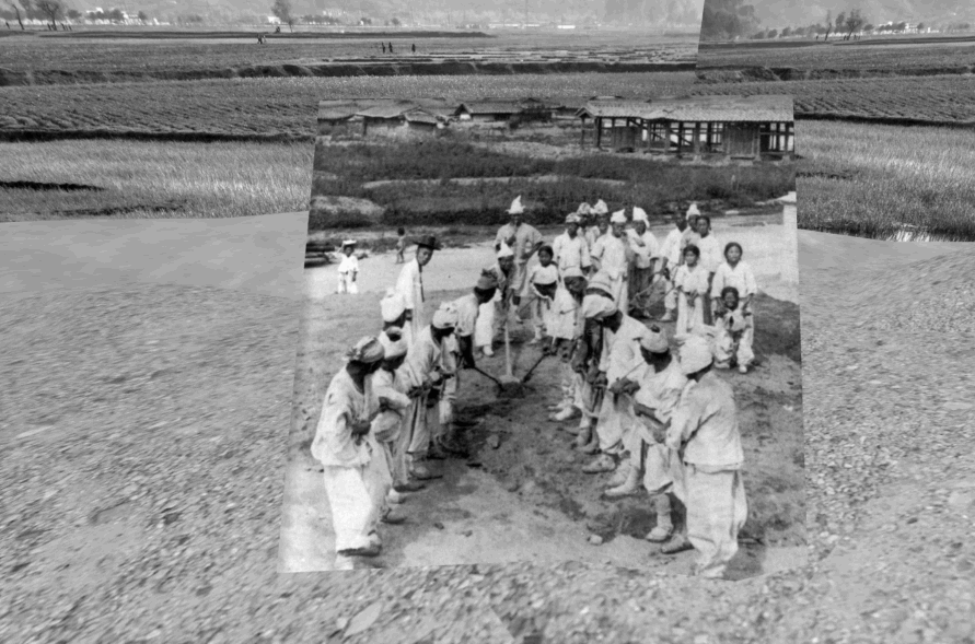 A video starting with a black and white photo of a group of Korean people dressed in white all posing on a riverbank, one with a shovel and the others holding ropes tied to the shovel, so that all nine can use it together. Others, including some kids, stand in the background. Houses visible across the village.