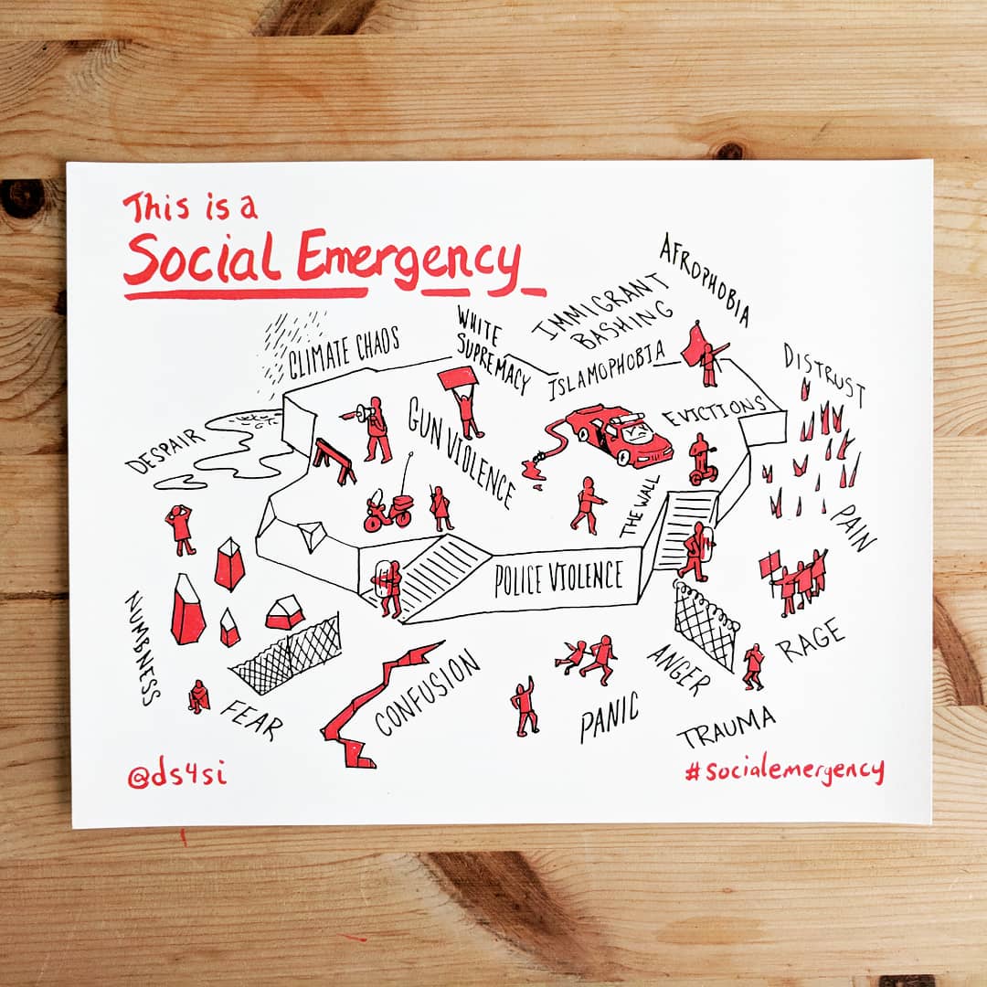 small figures in red ink stand among police cars and barriers upon a platform, while others below march in protest or run in fear, surrounded with words like PANIC and ISLAMOPHOBIA