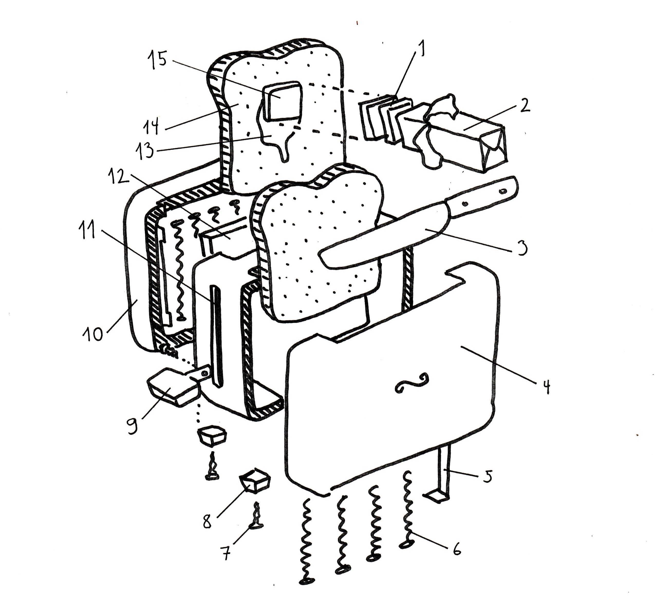 a line drawing of a toaster, exploded so that each part is shown and numbered as in a patent drawing, including toast and butter