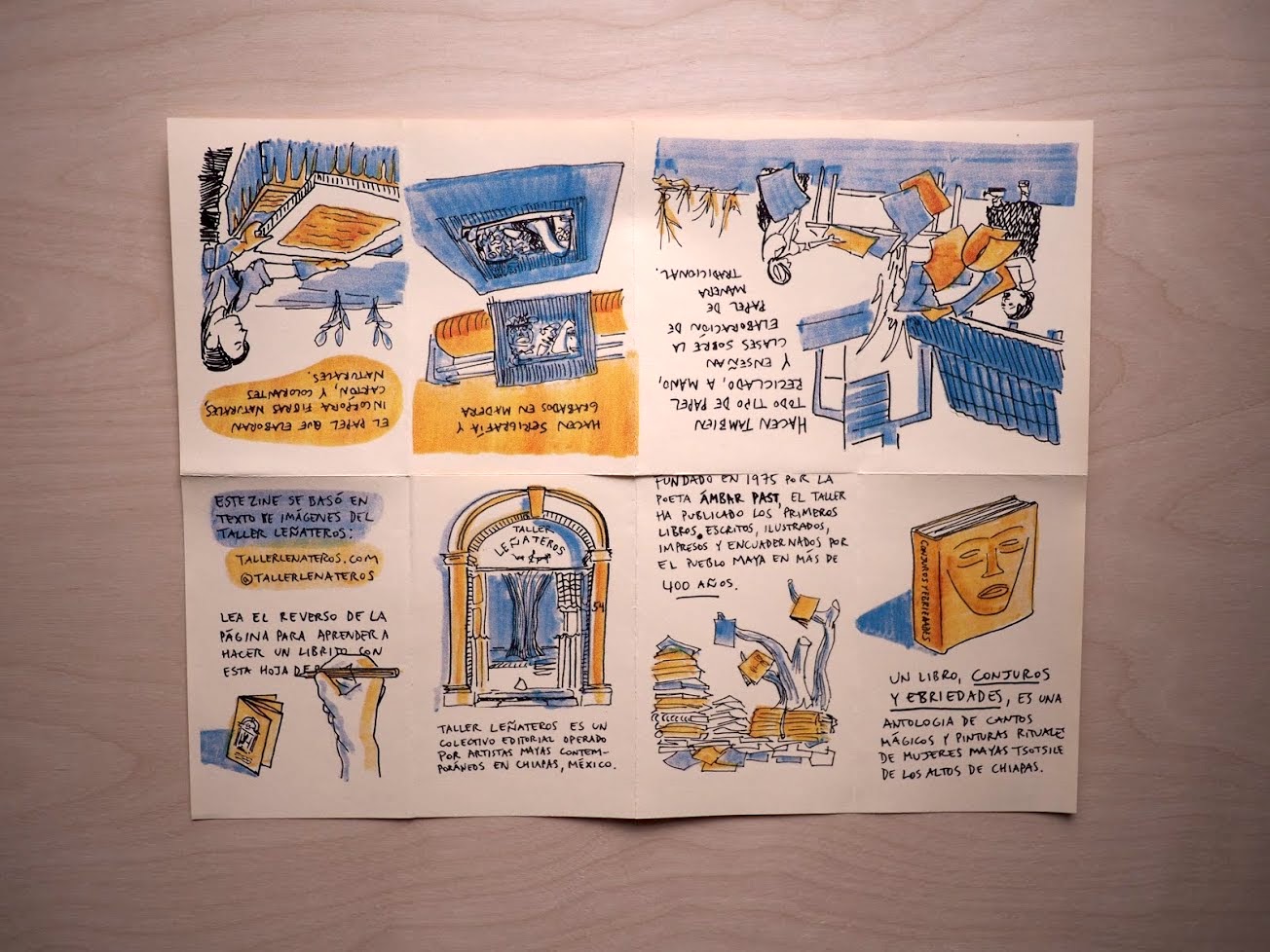 A letter-sized ivory colored page which is an unfolded zine with 8 illustrated pages, telling what Taller Leñateros is with images of a book with a face on the cover, a doorway, people holding piles of paper, and more, laying on a wooden table. 