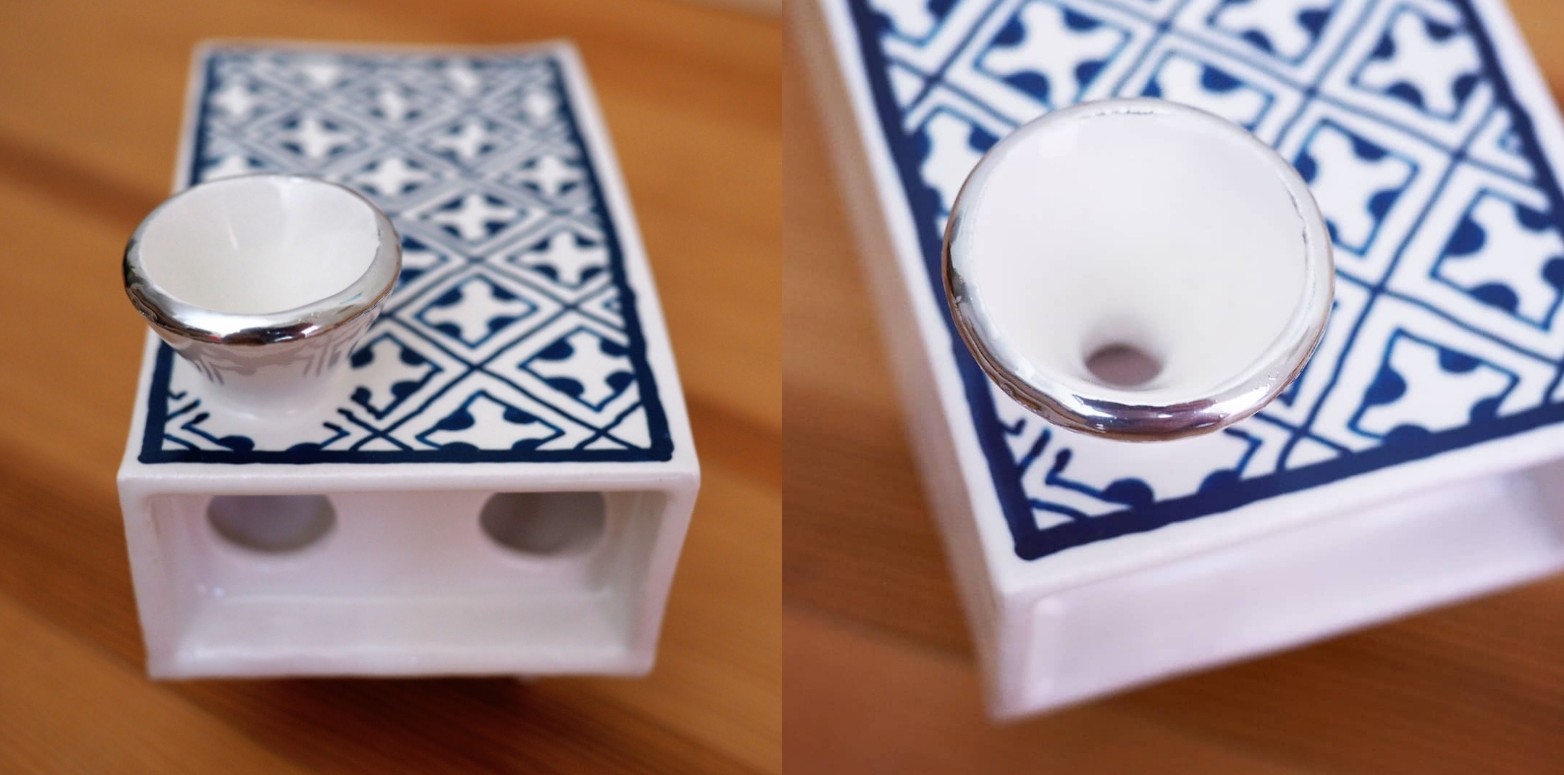 two images of a poreclain box on four short legs, with blue checkered pattern and a porcelain cone on top