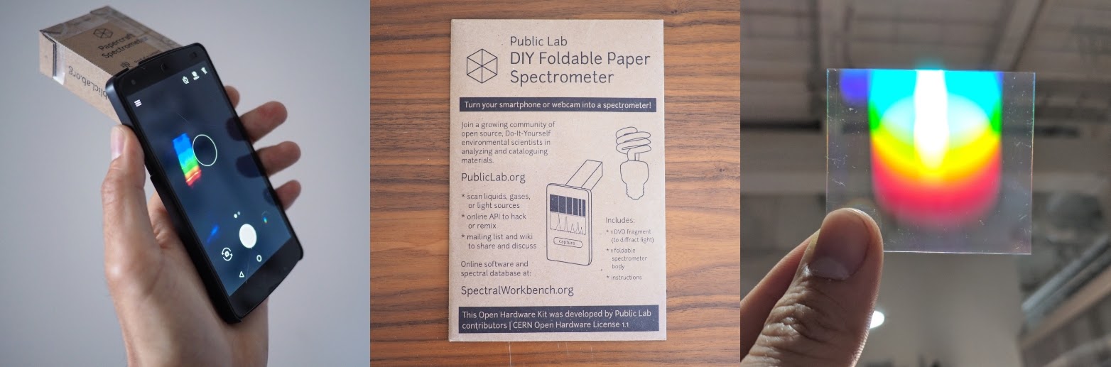 three images: the papercraft spectrometer taped to a smartphone, showing a rainbow on its screen, a brown paper envelope labeled DIY Foldable Paper Spectrometer, and a small square of transparent film held in front of a lightbulb by two fingers which shows a rainbow pattern